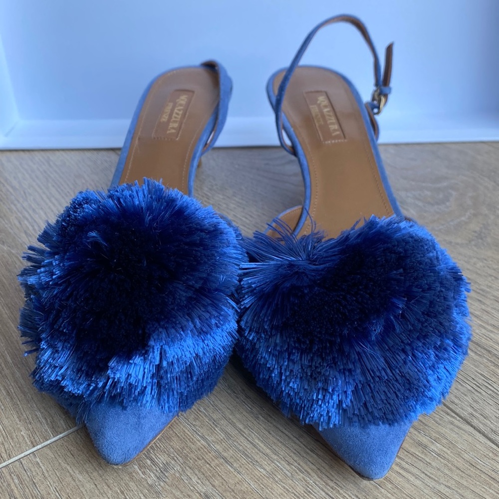 Aquazurra blue suede sling back kitten heels